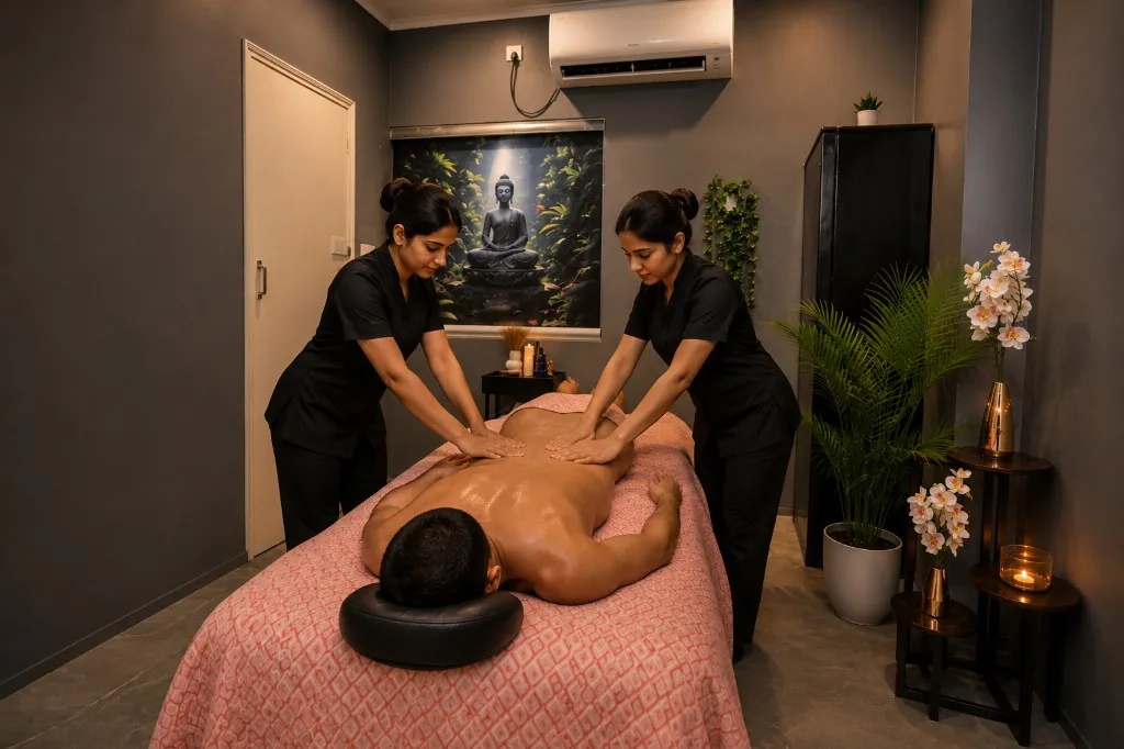Four hands massage by two professional therapists at Zoyo Luxury Spa.