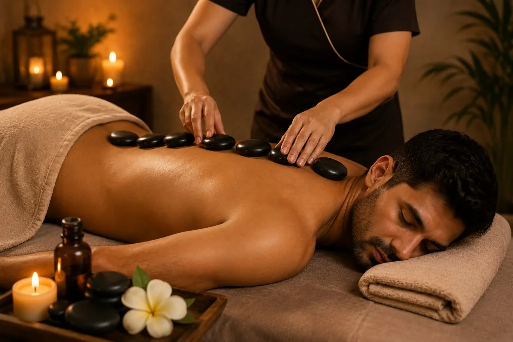 Hot stone massage therapy at Zoyo Luxury Spa for deep relaxation.