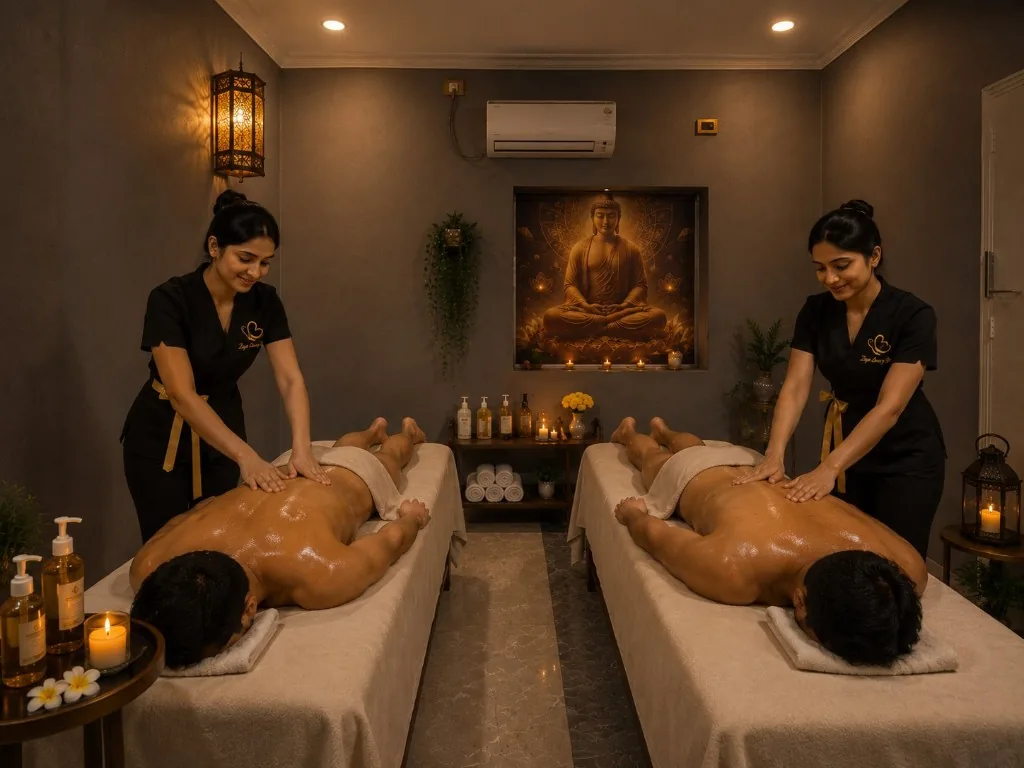 Luxury spa therapy room with professional massage therapists at Zoyo Luxury Spa in Gachibowli.