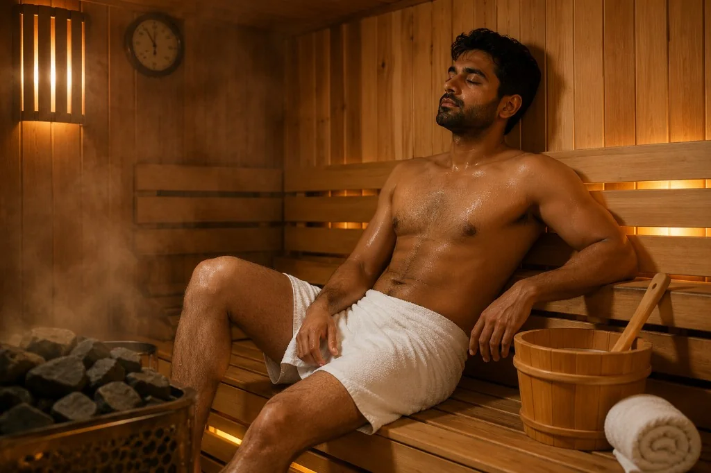 Premium sauna bath experience at Zoyo Luxury Spa in Gachibowli.