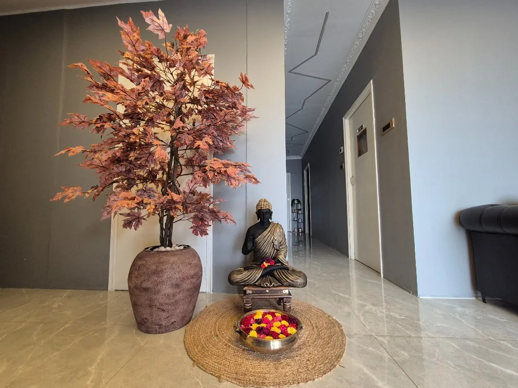 Peaceful Buddha statue and elegant spa décor creating a calming atmosphere at Zoyo Luxury Spa.